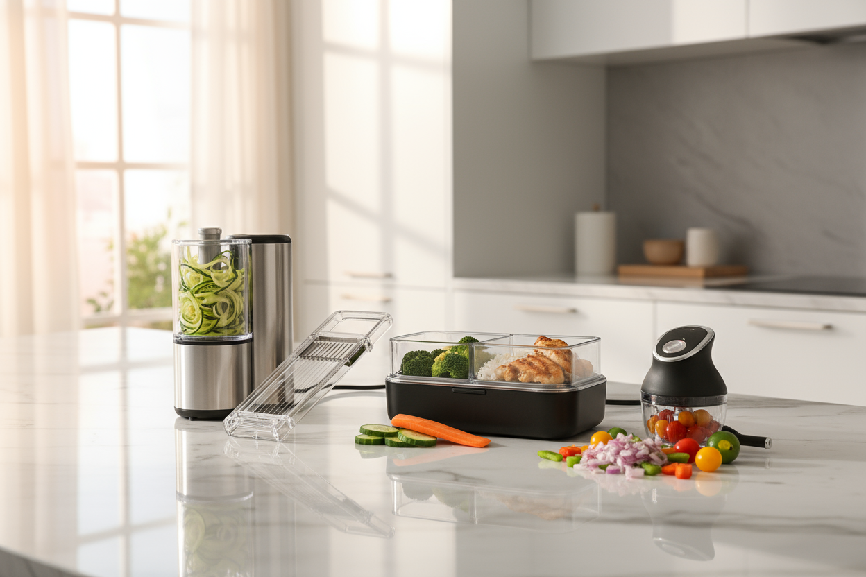 A clean, bright modern kitchen scene showcasing innovative kitchen gadgets on a marble countertop — including a compact electric vegetable cutter, a sleek electric lunch box with stainless steel containers and food inside, a transparent slicer with fresh vegetables, and a hand chopper with colorful ingredients around. Warm natural lighting, minimal aesthetic, high-end lifestyle photography style, realistic reflections, depth of field, 